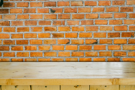 Wood shelf with brick wall texture background