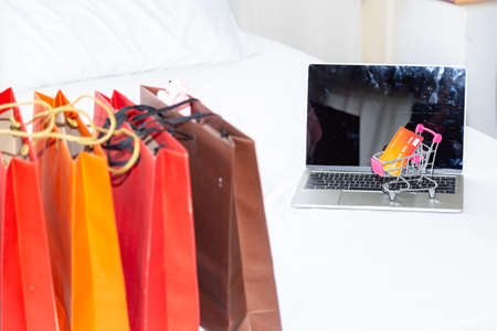 Shopping bags, credit card in trolley and computer. Online shopping or ecommmerce concept. S