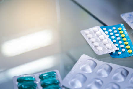 Medicine on pharmacy counter. Healthcare, medical and pharmacy concept.の写真素材