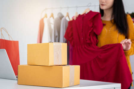 Asian young women sell clothes online during Christmas holidays. Online business, e-commerce and christmas online shopping concept.の写真素材