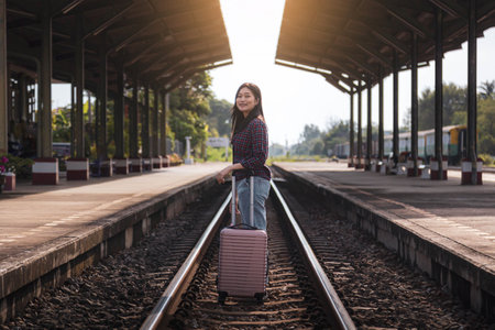A female tourist holding a pink bag is waiting for a train at the train station.の写真素材