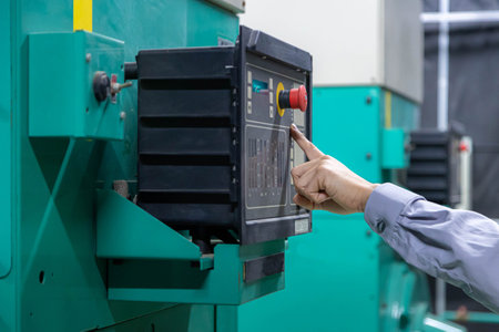 close up hand engineer is checking and maintenance for diesel generator at emergency power supply room.の写真素材