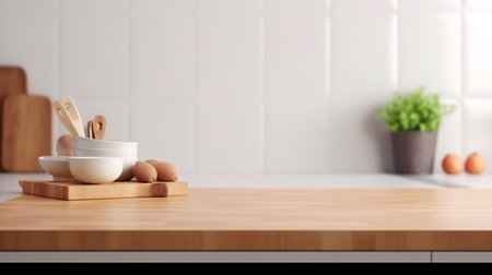 Over a contemporary white kitchen table, place your product display. The Generative AIの素材