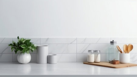 Over a contemporary white kitchen table, place your product display. The Generative AIの素材