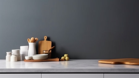 Over a contemporary white kitchen table, place your product display. The Generative AIの素材