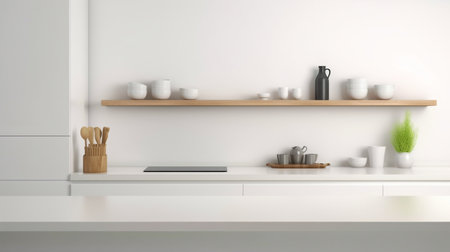 Over a contemporary white kitchen table, place your product display. The Generative AIの素材