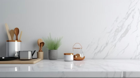 Over a contemporary white kitchen table, place your product display. The Generative AIの素材