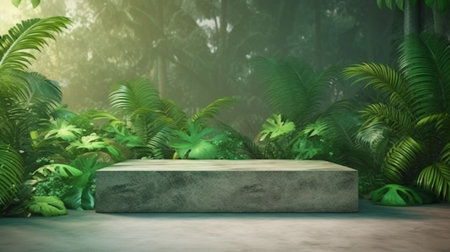 A concrete podium with a living wall is located in a tropical forest.3d rendering. The Generative AIの素材