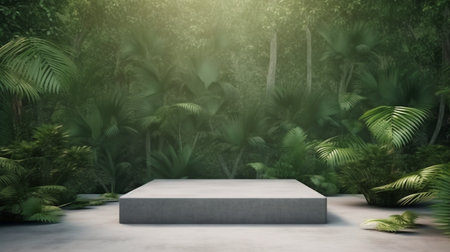 A concrete podium with a living wall is located in a tropical forest.3d rendering. The Generative AIの素材