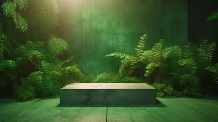 A concrete podium with a living wall is located in a tropical forest.3d rendering. The Generative AIの素材