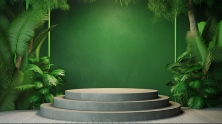 A concrete podium with a living wall is located in a tropical forest.3d rendering. The Generative AIの素材