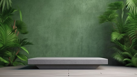 A concrete podium with a living wall is located in a tropical forest.3d rendering. The Generative AIの素材