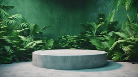 A concrete podium with a living wall is located in a tropical forest.3d rendering. The Generative AIの素材