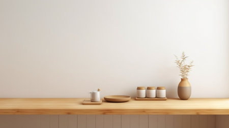 With a bright wood counter, a warm white wall, a vase plant, and a clock, this minimalist, cozy counter mockup design is perfect for branding or product presentation backgrounds. It is inspired by Japanese design. Inside of a kitchen. Generative AIの素材
