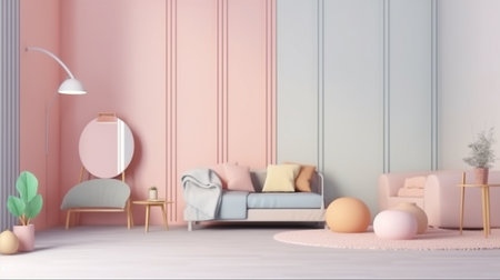 concept for interior design furniture and home decor for sale It is surrounded by beds, sofas, armchairs, and advertising spaces during sales and promotions. banner. pastel background. 3D rendering. The Generative AIの素材