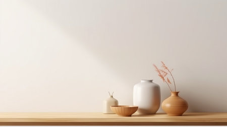 With a bright wood counter, a warm white wall, a vase plant, and a clock, this minimalist, cozy counter mockup design is perfect for branding or product presentation backgrounds. It is inspired by Japanese design. Inside of a kitchen. Generative AIの素材