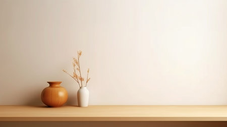 With a bright wood counter, a warm white wall, a vase plant, and a clock, this minimalist, cozy counter mockup design is perfect for branding or product presentation backgrounds. It is inspired by Japanese design. Inside of a kitchen. Generative AIの素材