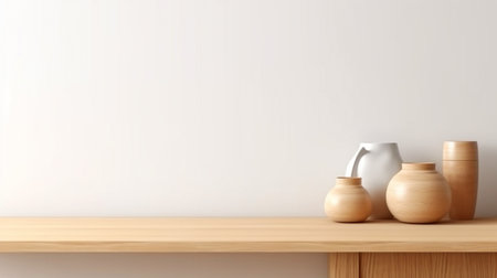 With a bright wood counter, a warm white wall, a vase plant, and a clock, this minimalist, cozy counter mockup design is perfect for branding or product presentation backgrounds. It is inspired by Japanese design. Inside of a kitchen. Generative AIの素材
