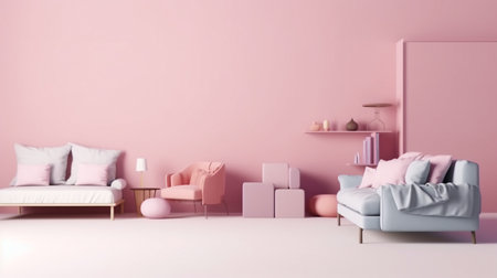 concept for interior design furniture and home decor for sale It is surrounded by beds, sofas, armchairs, and advertising spaces during sales and promotions. 3D rendering. The Generative AIの素材