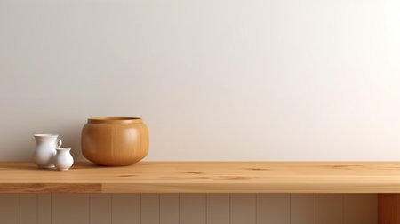 With a bright wood counter, a warm white wall, a vase plant, and a clock, this minimalist, cozy counter mockup design is perfect for branding or product presentation backgrounds. It is inspired by Japanese design. Inside of a kitchen. Generative AIの素材
