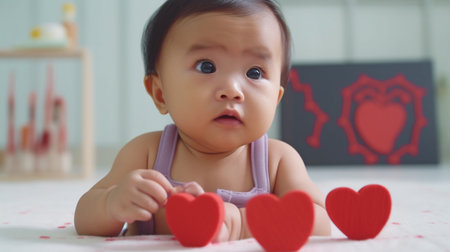 Asian newborn baby with heart organ line for children's heart health concept, campaign to raise awareness of congenital heart defects and coronary artery disease from February 7â14. The Generative AIの素材