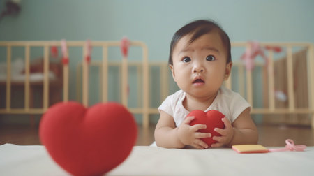 Asian newborn baby with heart organ line for children's heart health concept, campaign to raise awareness of congenital heart defects and coronary artery disease from February 7â14. The Generative AIの素材