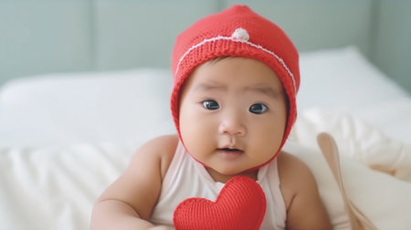 Asian newborn baby with heart organ line for children's heart health concept, campaign to raise awareness of congenital heart defects and coronary artery disease from February 7â14. The Generative AIの素材