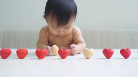 Asian newborn baby with heart organ line for children's heart health concept, campaign to raise awareness of congenital heart defects and coronary artery disease from February 7â14. The Generative AIの素材
