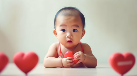 Asian newborn baby with heart organ line for children's heart health concept, campaign to raise awareness of congenital heart defects and coronary artery disease from February 7â14. The Generative AIの素材