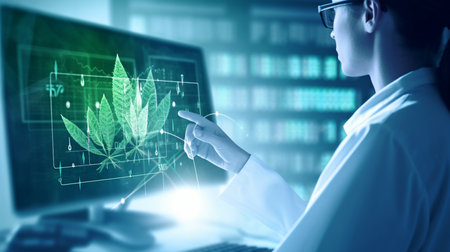 Digital patient records for cannabis patients are diagnosed by virtual medical networks using computing-based electronic medical records. interface for network connections and digital healthcare, worldwide health care. Medical technology. The Generative AIの素材