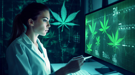 Digital patient records for cannabis patients are diagnosed by virtual medical networks using computing-based electronic medical records. interface for network connections and digital healthcare, worldwide health care. Medical technology. The Generative AIの素材