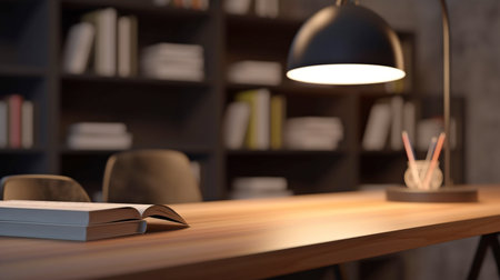 Copy space is empty, and there are books, eyeglasses decor, a plant, and a table lamp in the foreground, with blurred bookcases in the background.The Generative AIの素材
