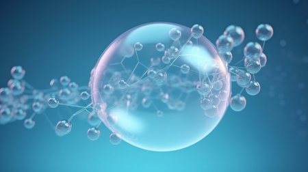 On a blue background, a molecule inside a bubble represents a skin care cosmetics solution. rendering in 3D.The Generative AIの素材