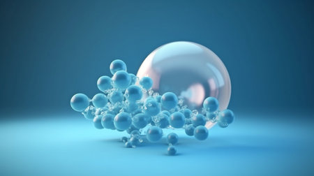 On a blue background, a molecule inside a bubble represents a skin care cosmetics solution. rendering in 3D.The Generative AIの素材