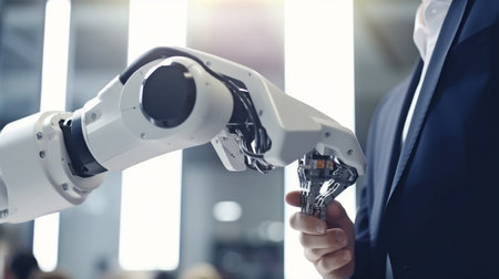 At a conference, the chief engineer presents a novel robot arm to startup employees. Robot hand with futuristic design that automates production processes.The Generative AIの素材