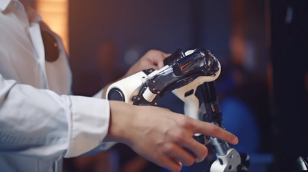 At a conference, the chief engineer presents a novel robot arm to startup employees. Robot hand with futuristic design that automates production processes.The Generative AIの素材