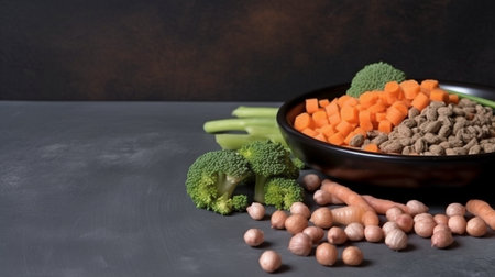 dog food that is vegan and vegetarian. Greens and raw vegetables are nearby a bowl of pet food.The Generative AIの素材