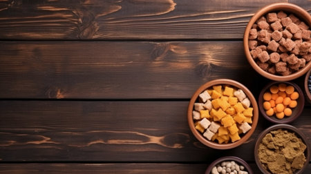 Pet food, both wet and dry, flat laid on a wooden table with room.Generative AIの素材