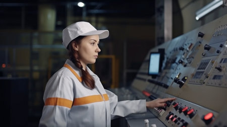 Female engineer operator using a steel tanker and a process control panel in a food factory production line.The Generative AIの素材