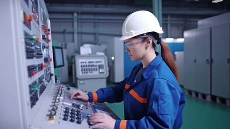 Female engineer operator using a steel tanker and a process control panel in a food factory production line.The Generative AIの素材