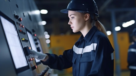 Female engineer operator using a steel tanker and a process control panel in a food factory production line.The Generative AIの素材