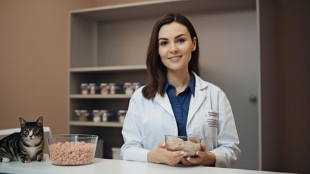 At the pet clinic, a lovely veterinarian is eating pet food while grinning at the camera.The Generative AIの素材