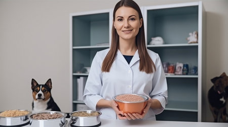 At the pet clinic, a lovely veterinarian is eating pet food while grinning at the camera.The Generative AIの素材