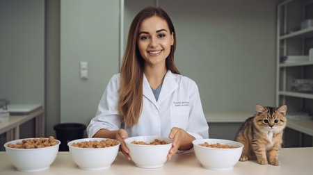 At the pet clinic, a lovely veterinarian is eating pet food while grinning at the camera.The Generative AIの素材