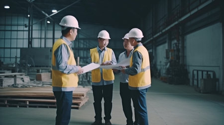 Scene of a worker team of inspectors having a conversation while using a laptop and a large machine in a factory setting, with the idea of auditor safety.The Generative AIの素材