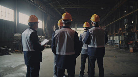 Scene of a worker team of inspectors having a conversation while using a laptop and a large machine in a factory setting, with the idea of auditor safety.The Generative AIの素材