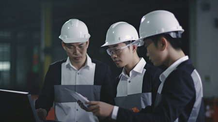 Scene of a worker team of inspectors having a conversation while using a laptop and a large machine in a factory setting, with the idea of auditor safety.The Generative AIの素材