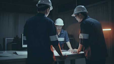 Scene of a worker team of inspectors having a conversation while using a laptop and a large machine in a factory setting, with the idea of auditor safety.The Generative AIの素材