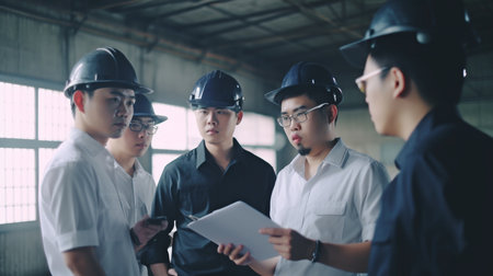 Scene of a worker team of inspectors having a conversation while using a laptop and a large machine in a factory setting, with the idea of auditor safety.The Generative AIの素材