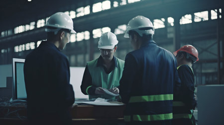 Scene of a worker team of inspectors having a conversation while using a laptop and a large machine in a factory setting, with the idea of auditor safety.The Generative AIの素材